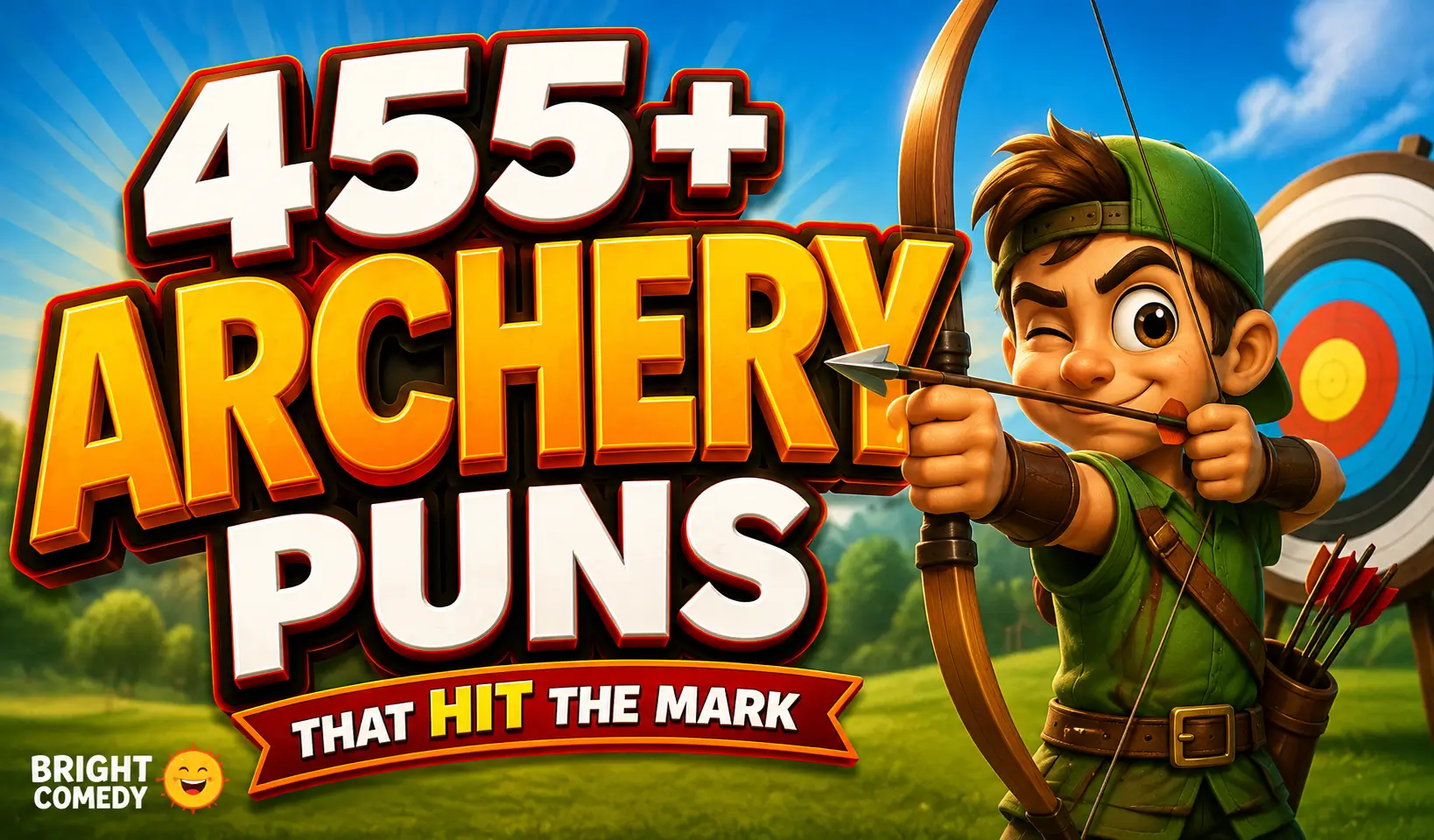 Cartoon archer aiming at a target with bold archery puns text TITLE: Archery Puns Thumbnail