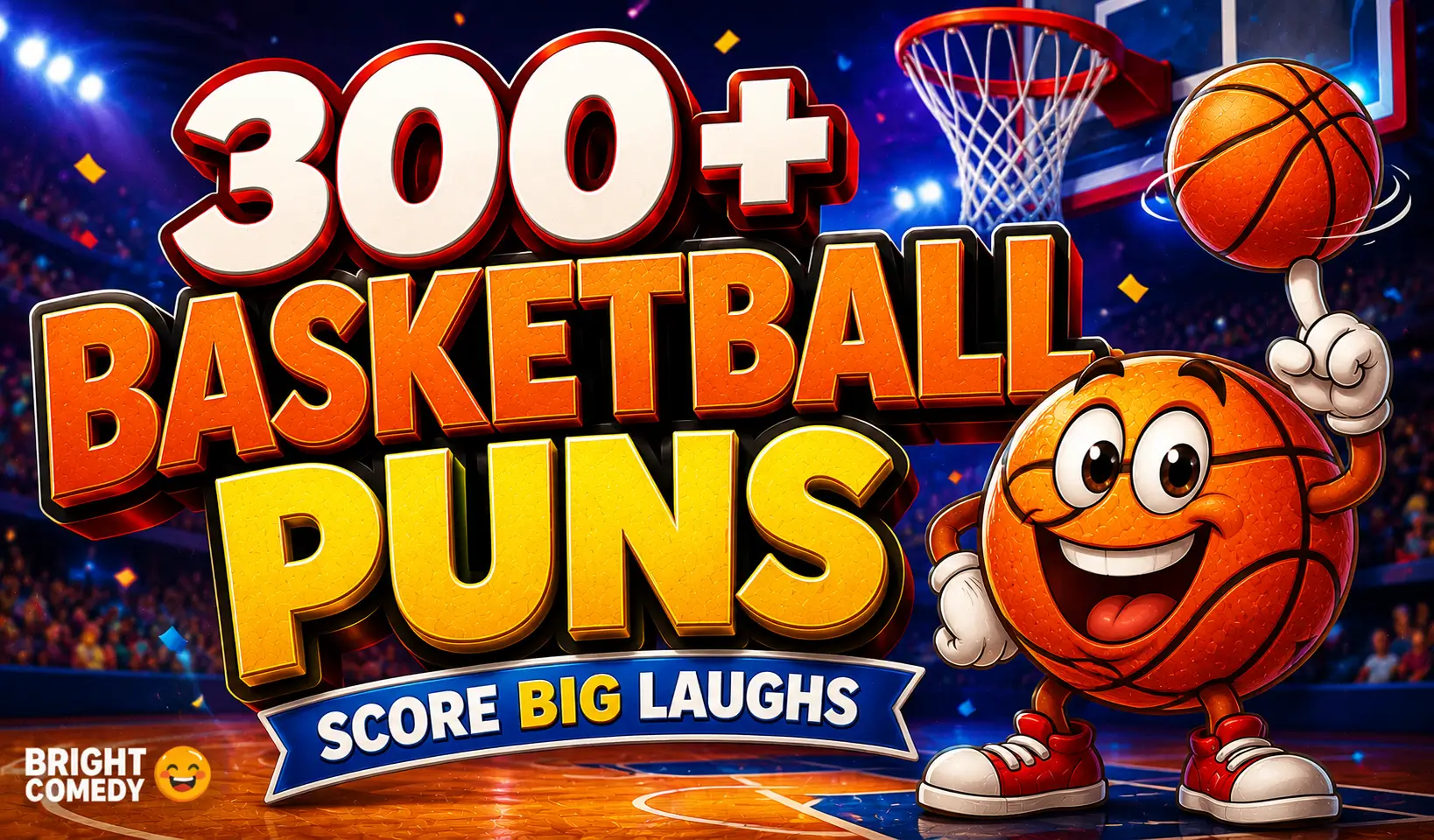 Colorful basketball mascot with bold basketball puns title