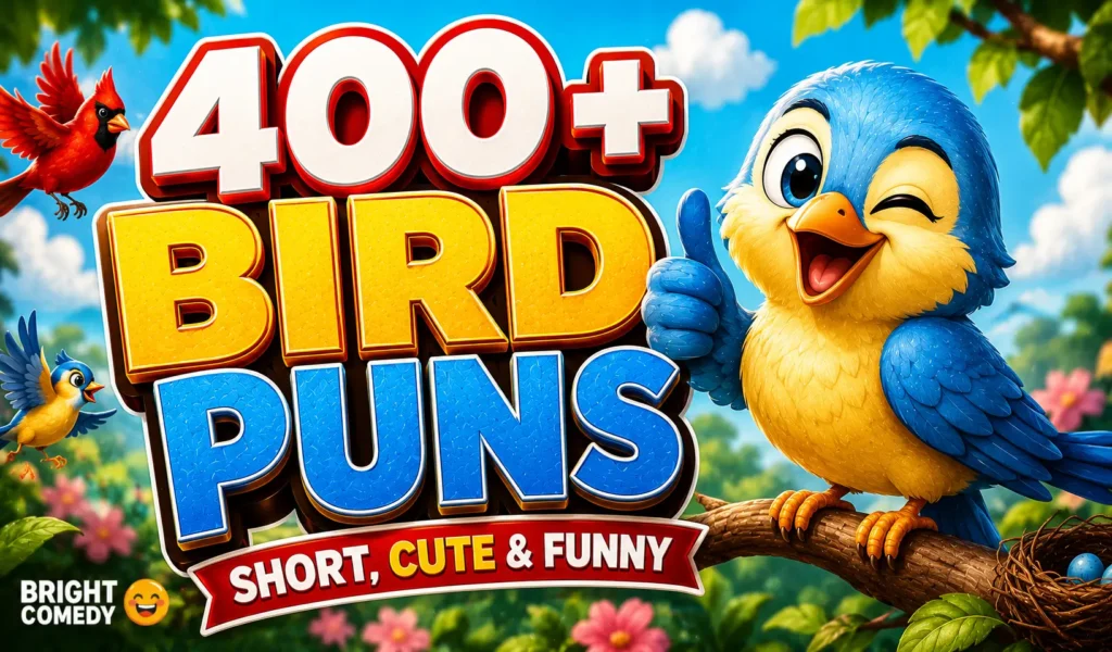Colorful cartoon bird with bold bird puns text in a sunny garden