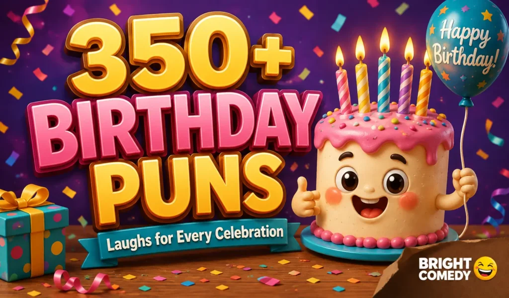 Birthday puns thumbnail with a cheerful birthday cake, candles, gifts, and colorful party decorations
