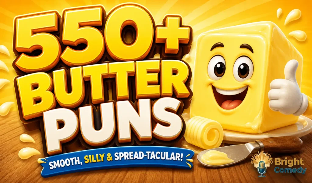550+ butter puns thumbnail with a cheerful cartoon butter mascot and bold 3D typography