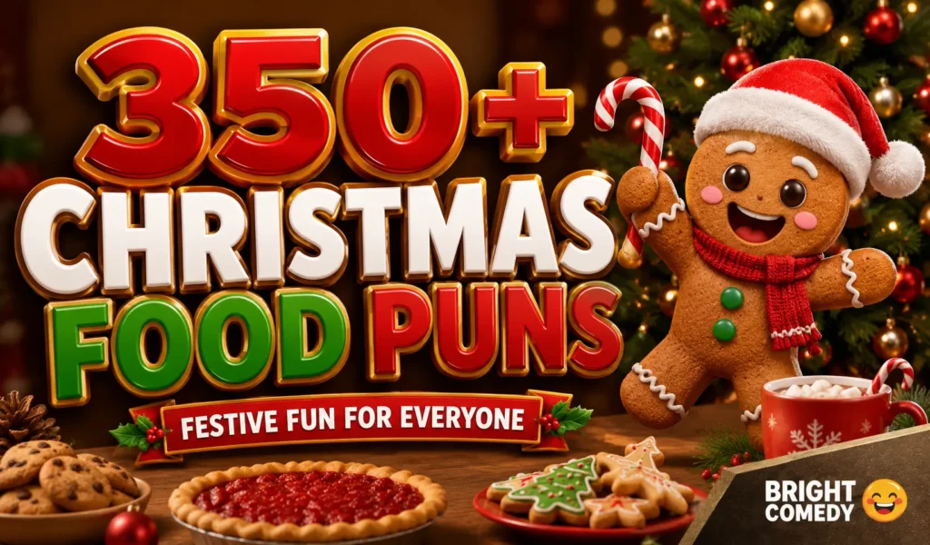 Christmas food puns thumbnail with festive gingerbread character and holiday treats