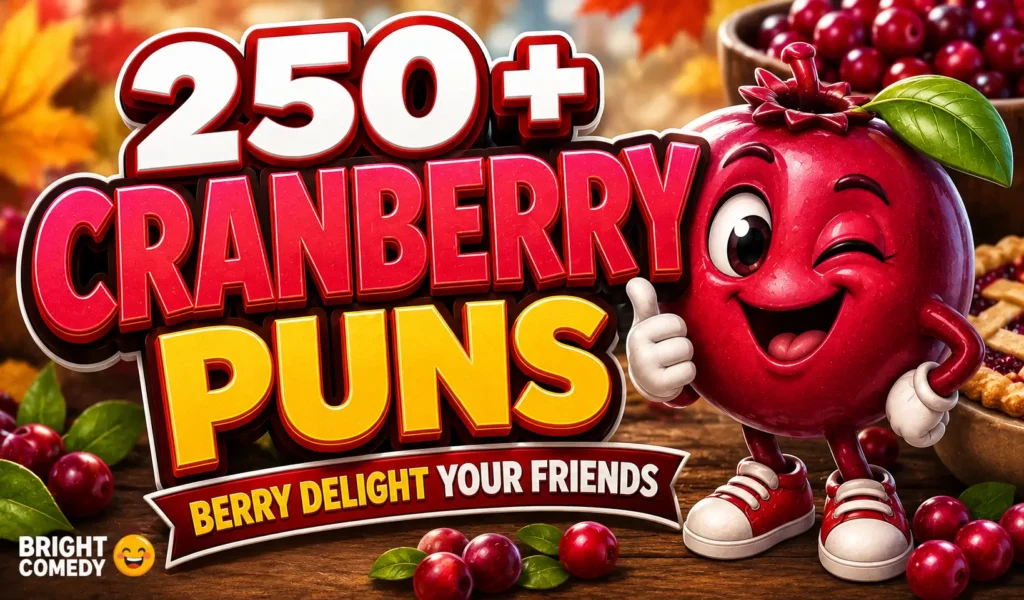 Cartoon cranberry with bold cranberry puns text and autumn decorations