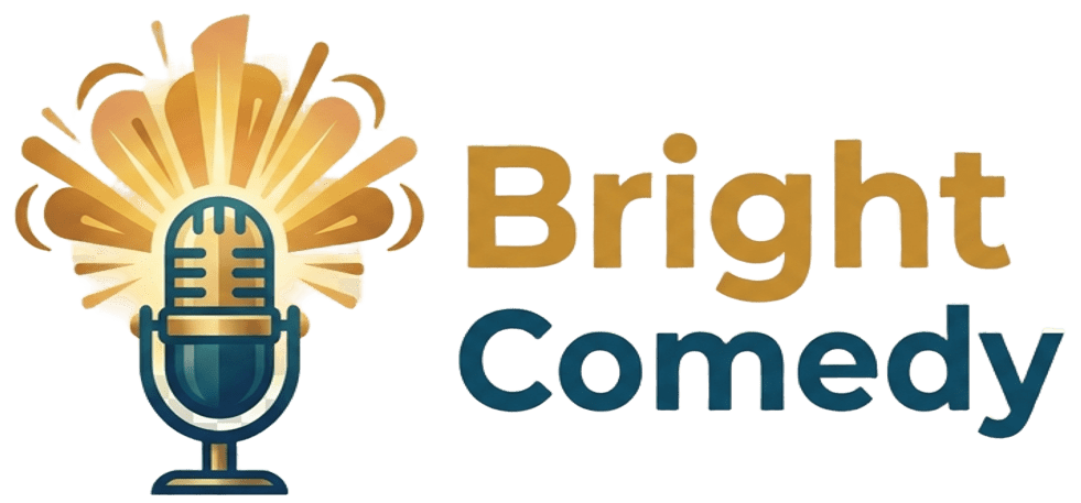 Bright Comedy logo featuring a vintage glowing microphone and modern typography