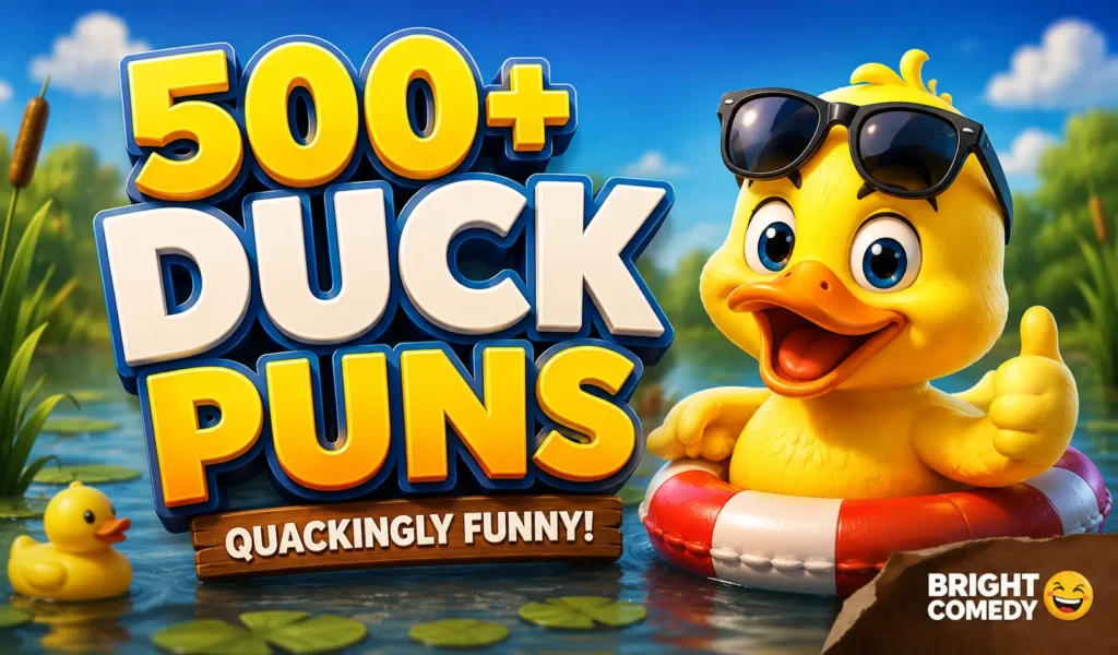 Duck puns thumbnail with a cheerful cartoon duck by a sunny pond