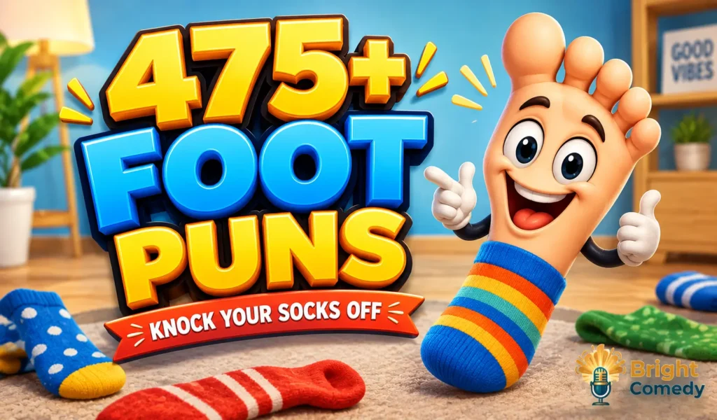 475+ foot puns thumbnail with a cheerful cartoon foot wearing a colorful sock