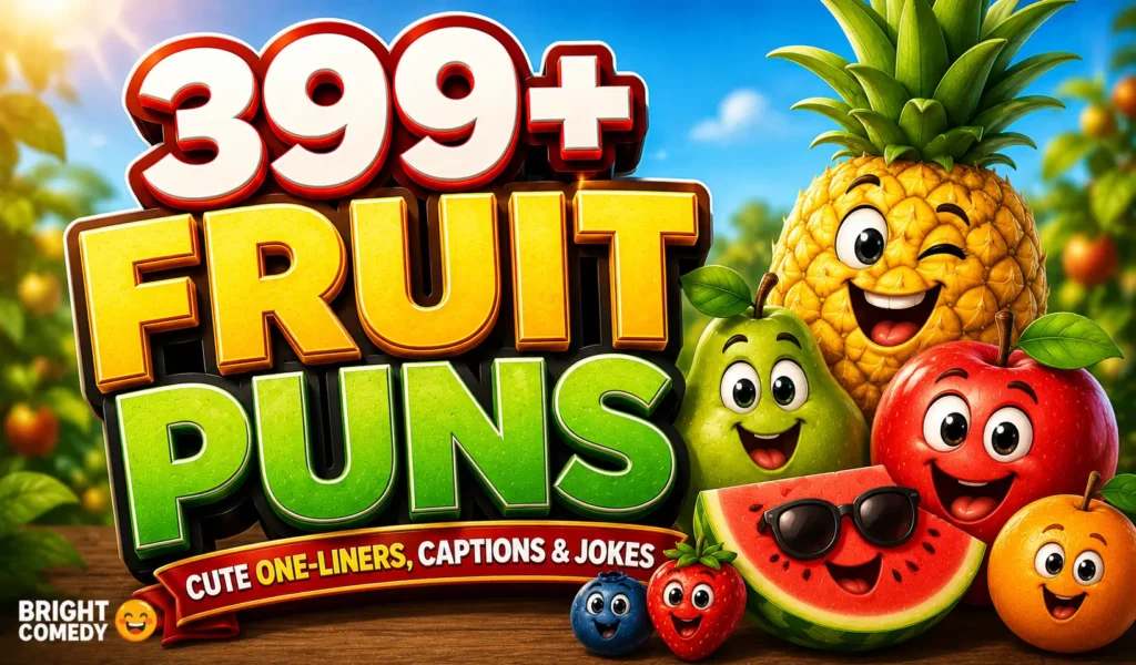 Colorful cartoon fruits with bold fruit puns text in a sunny orchard