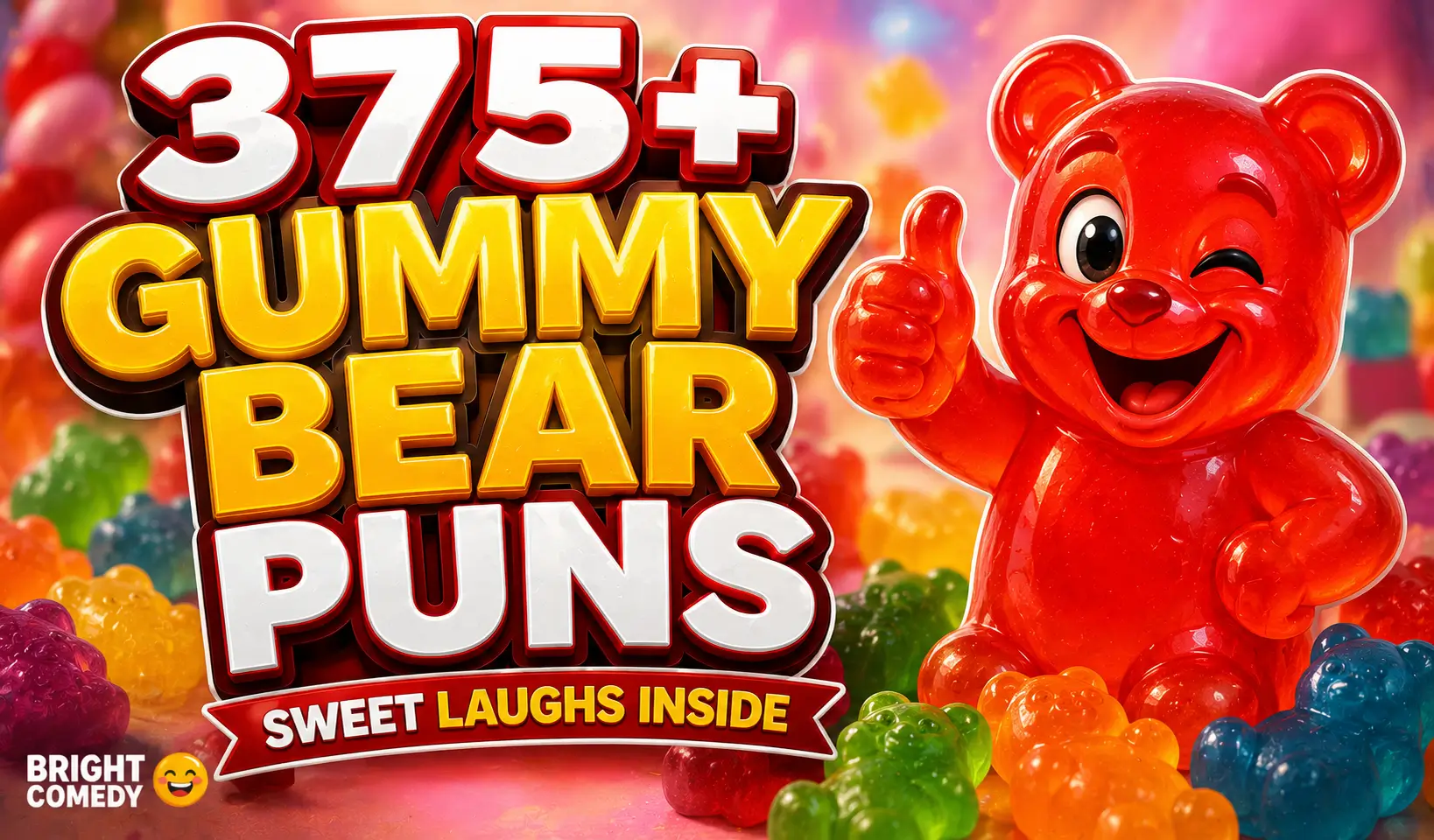 Colorful cartoon gummy bear with bold gummy bear puns text