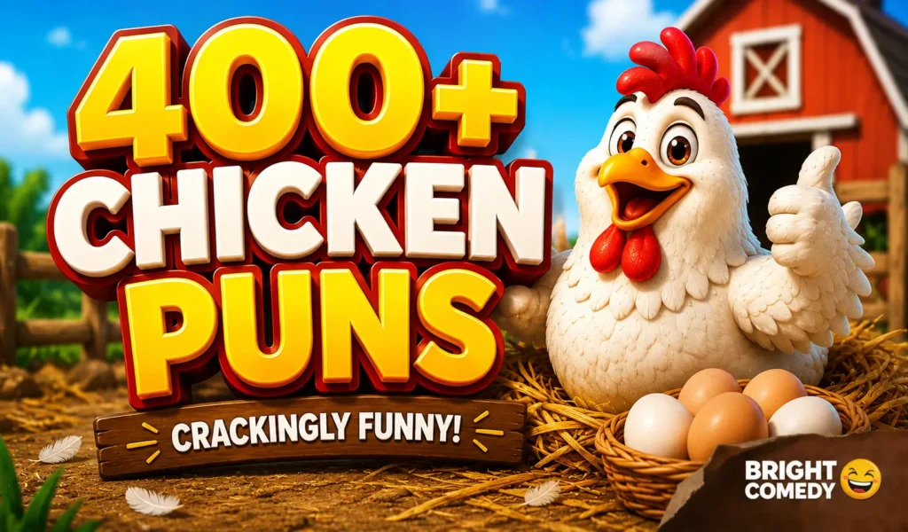 Chicken puns thumbnail with a cheerful cartoon chicken, eggs, and a colorful farm background