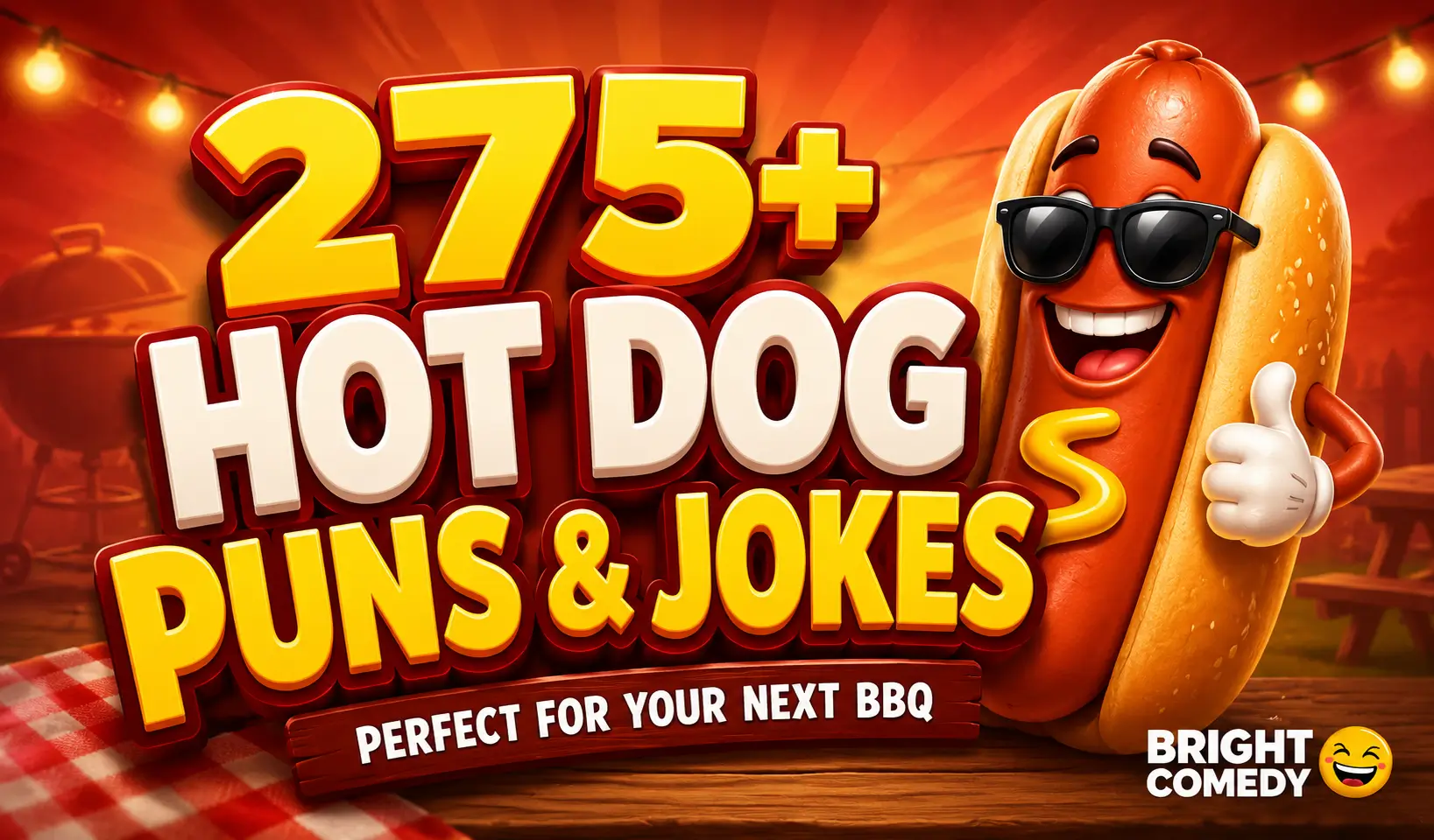 275+ hot dog puns thumbnail with a fun cartoon hot dog at a BBQ
