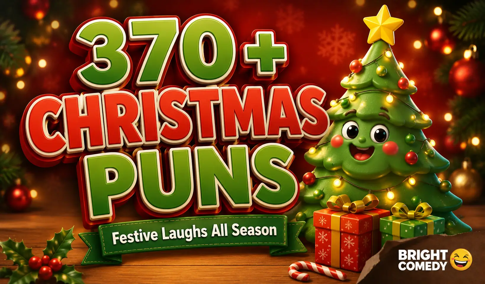 Christmas puns thumbnail with a cheerful Christmas tree, gifts, ornaments, and festive decorations