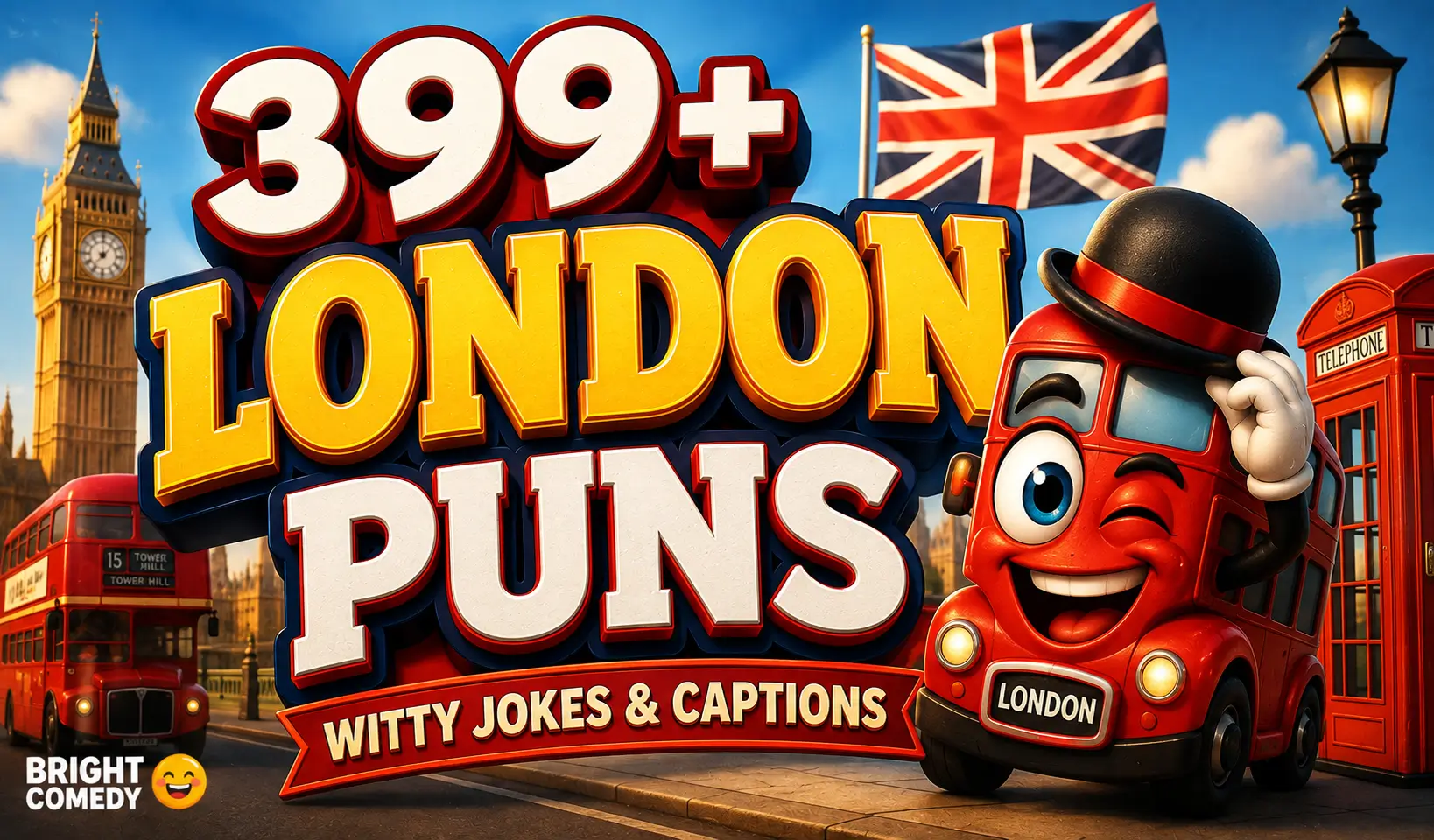 Cartoon London bus with Big Ben and bold London puns text TITLE: London Puns Thumbnail
