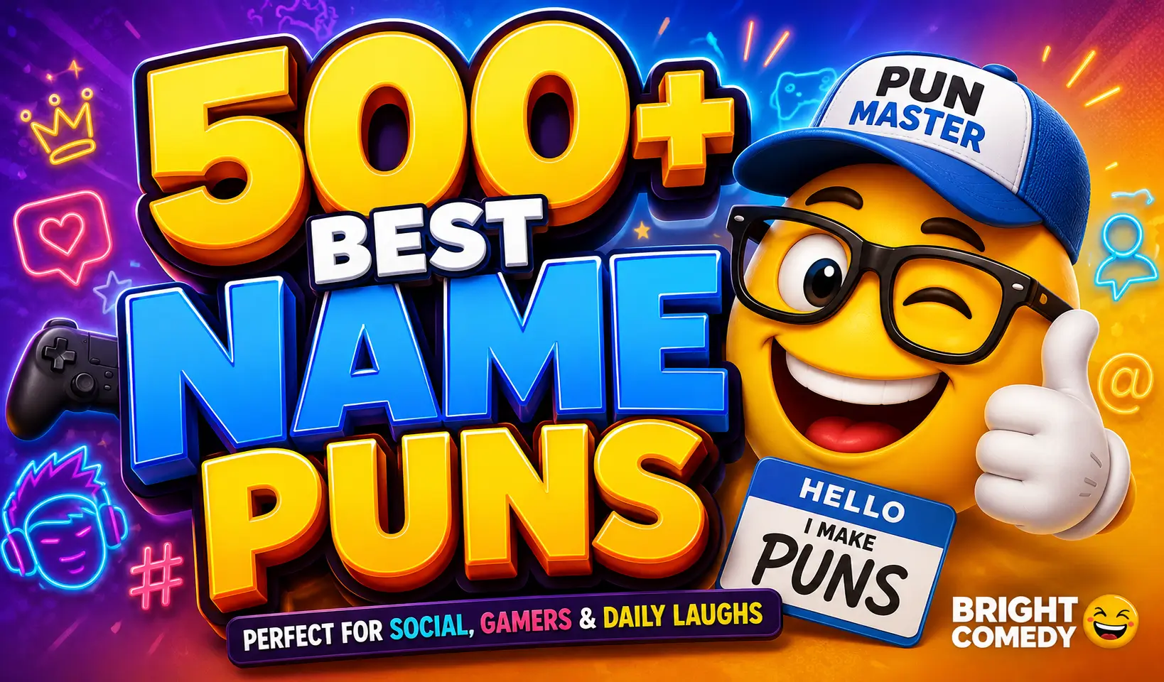 500+ name puns thumbnail with a funny cartoon pun master for social media and gamers
