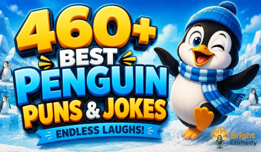 460+ penguin puns thumbnail with a cheerful cartoon penguin in a snowy Arctic scene