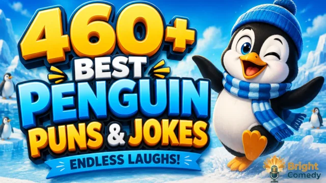 460+ penguin puns thumbnail with a cheerful cartoon penguin in a snowy Arctic scene