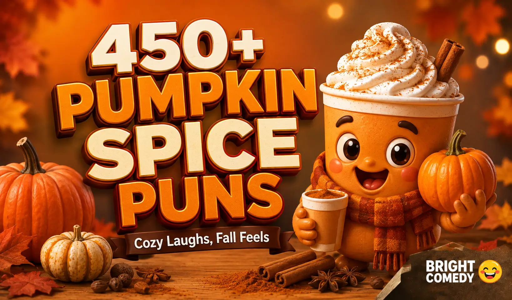 Pumpkin spice puns thumbnail with a cheerful pumpkin spice cup and autumn pumpkins