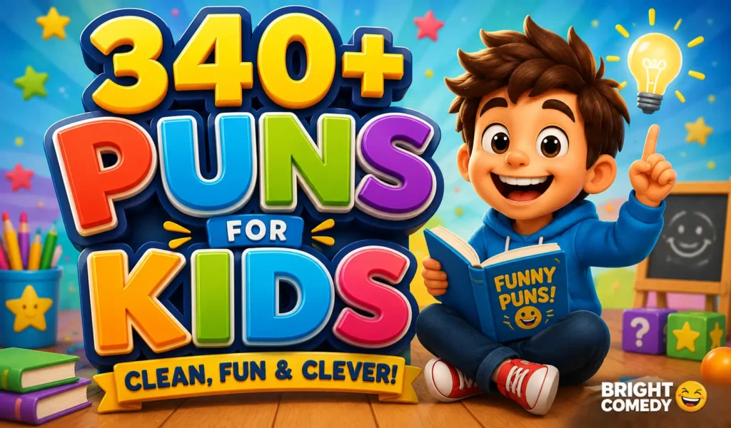 Puns for kids thumbnail with a cheerful child, colorful books, stars, and a playful classroom