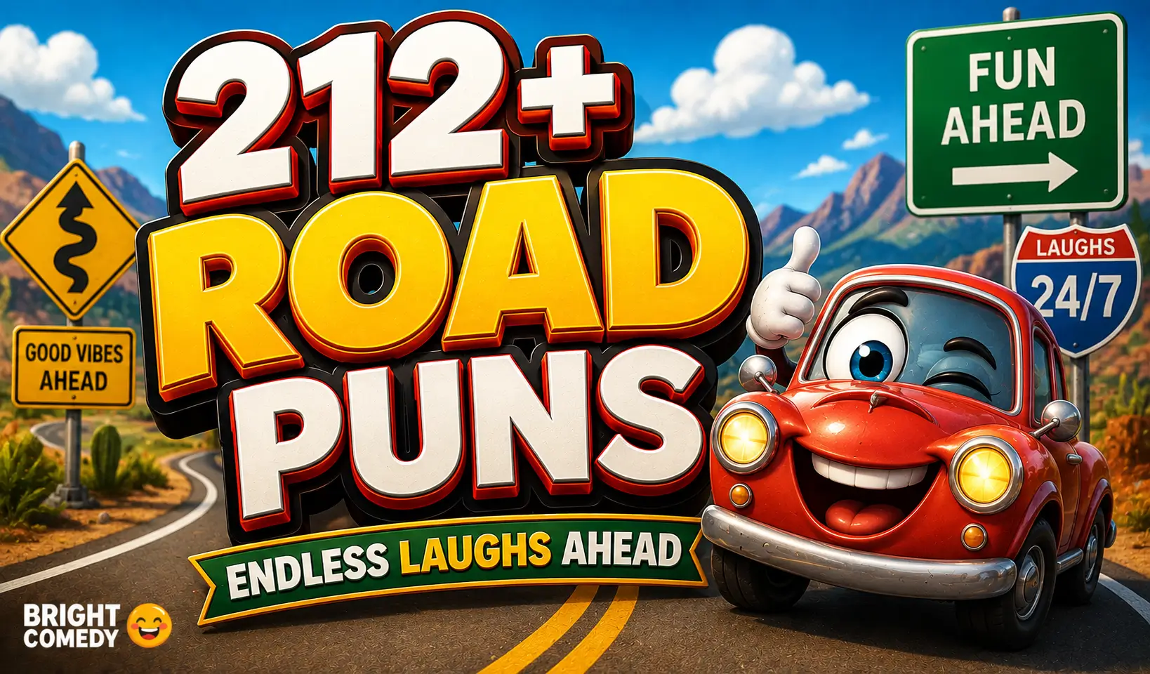 Cartoon car on a scenic road with bold road puns text