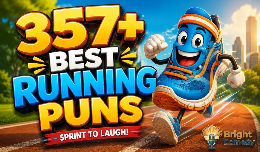 357+ running puns thumbnail with a funny cartoon sneaker racing on a sunny path
