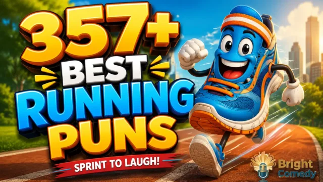 357+ running puns thumbnail with a funny cartoon sneaker racing on a sunny path