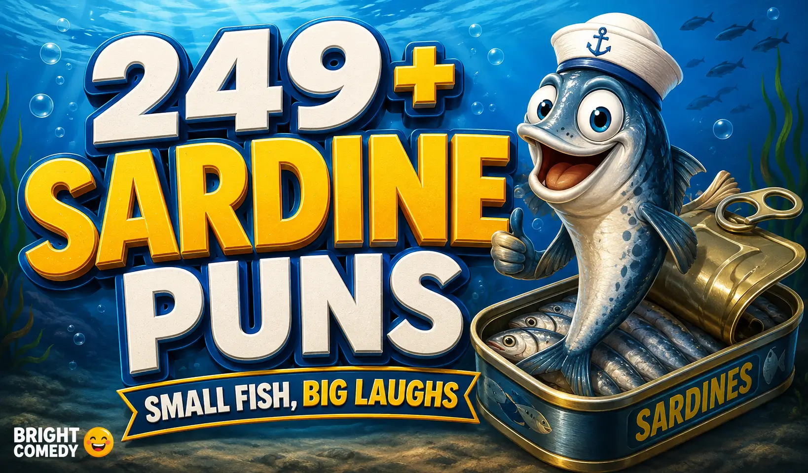 Cartoon sardine in a can with bold sardine puns text underwater TITLE: Sardine Puns Thumbnail