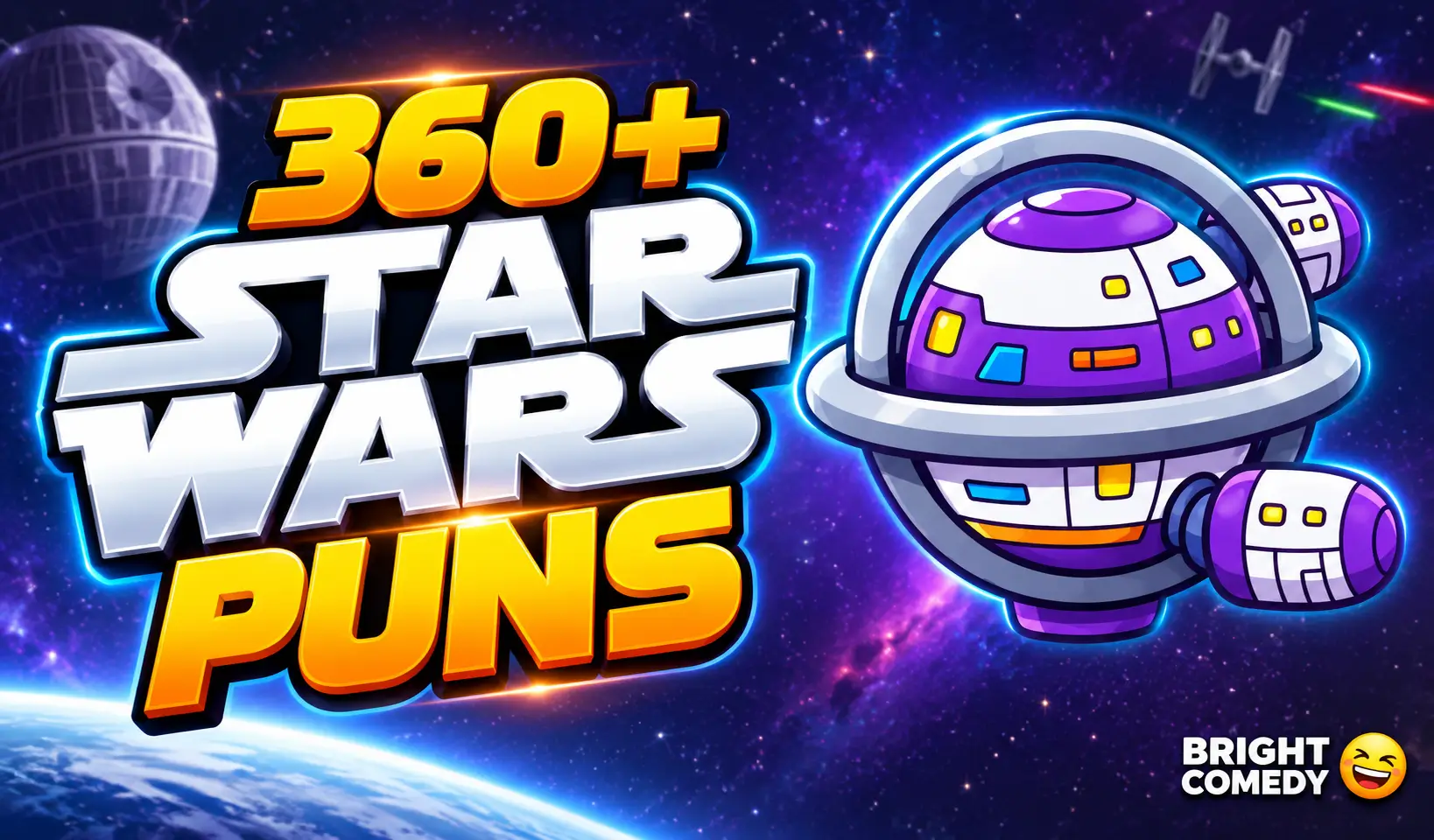 360+ star wars puns thumbnail with a colorful cartoon spaceship in space