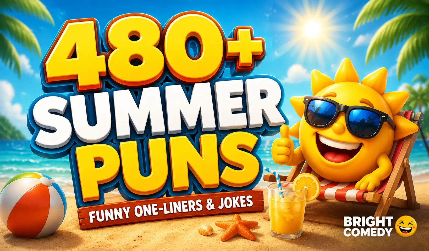 480+ summer puns thumbnail with a fun cartoon sun relaxing on a sunny beach