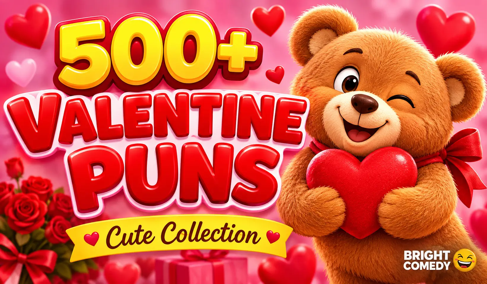 500+ Valentine puns thumbnail with a cute teddy bear holding a heart