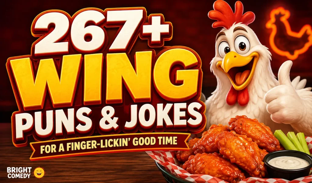 Colorful cartoon chicken with wings and bold wing puns text TITLE: Wing Puns & Jokes Thumbnail