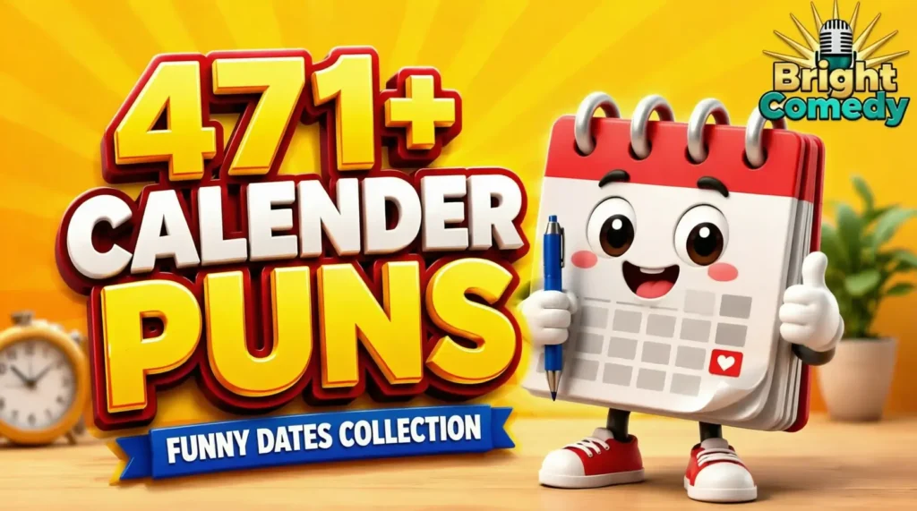 471+ Calender Puns thumbnail featuring bold 3D typography, cartoon calendar mascot with pen, and Bright Comedy watermark in top-right corner.