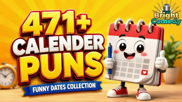 471+ Calender Puns thumbnail featuring bold 3D typography, cartoon calendar mascot with pen, and Bright Comedy watermark in top-right corner.