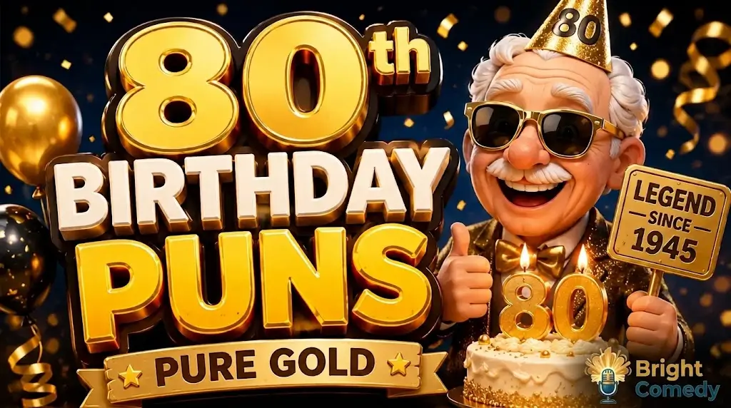 A cheerful 3D cartoon 80th birthday celebration featuring a smiling older man with gold sunglasses, a birthday cake, and "80th Birthday Puns - Pure Gold" typography with the Bright Comedy watermark.