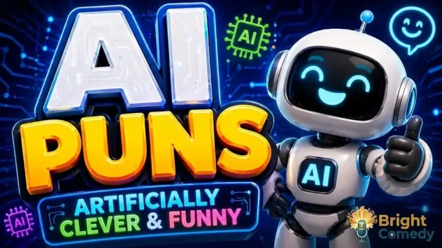 Vibrant 3D cartoon-style banner featuring the text 'AI PUNS' in large white and yellow 3D letters, with 'ARTIFICIALLY CLEVER & FUNNY' below[cite: 12]. On the right, a cute white robot with glowing blue eyes and a smile gives a thumbs up[cite: 12]. A neon tech background with circuit patterns and floating AI icons surrounds them, with the Bright Comedy logo watermark in the bottom-right corner