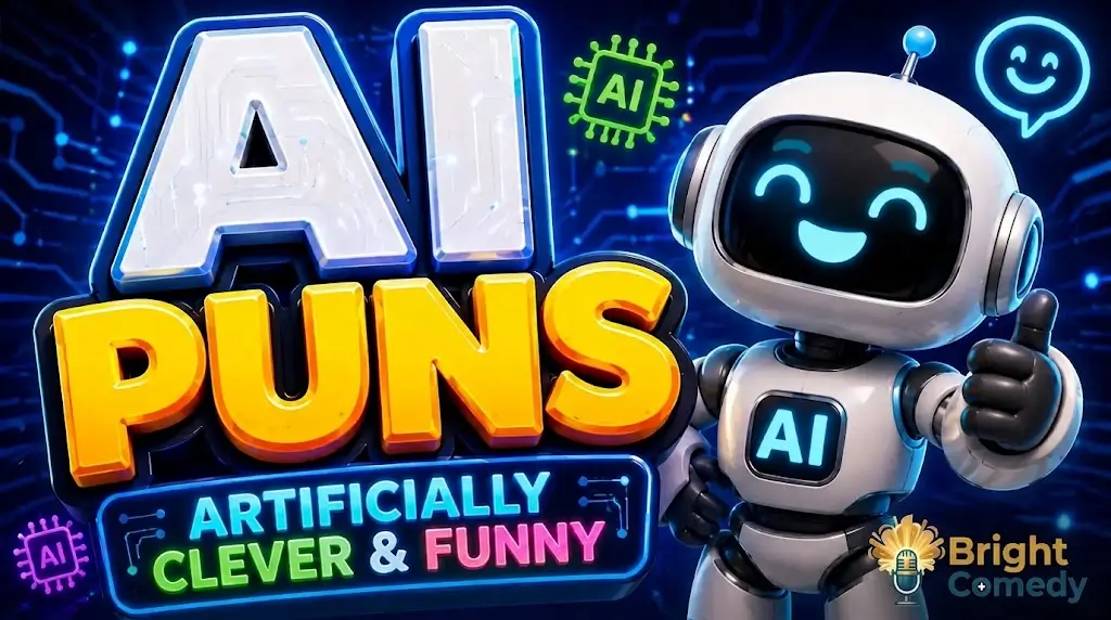 Vibrant 3D cartoon-style banner featuring the text 'AI PUNS' in large white and yellow 3D letters, with 'ARTIFICIALLY CLEVER & FUNNY' below[cite: 12]. On the right, a cute white robot with glowing blue eyes and a smile gives a thumbs up[cite: 12]. A neon tech background with circuit patterns and floating AI icons surrounds them, with the Bright Comedy logo watermark in the bottom-right corner