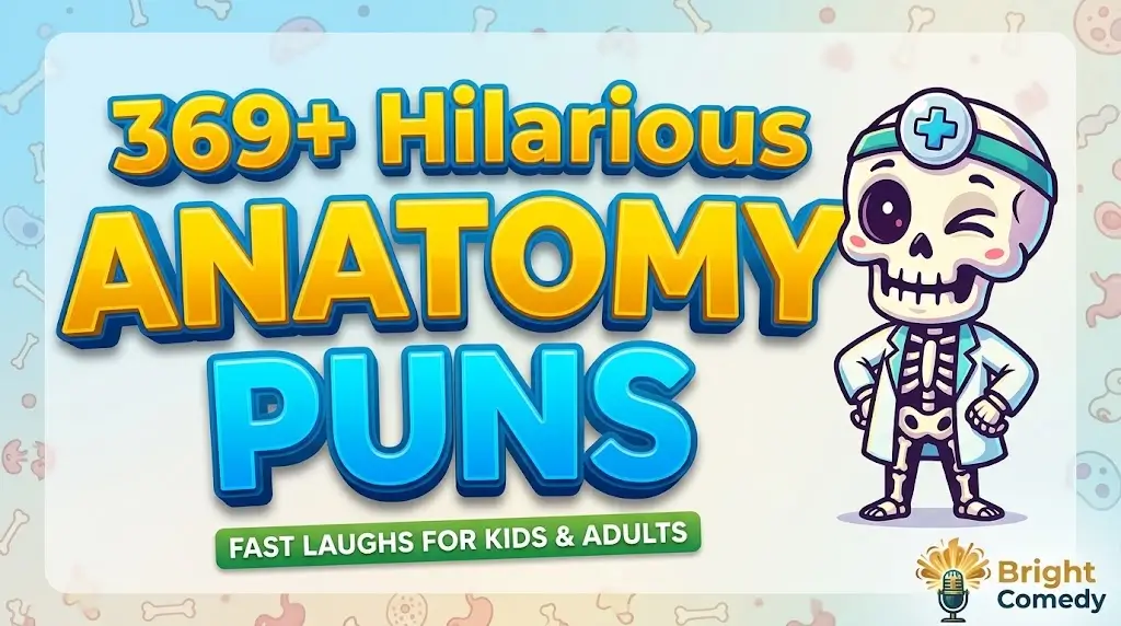 Centered featured thumbnail with bold gold 3D typography for "369+ Hilarious ANATOMY PUNS" and a winking skeleton mascot.