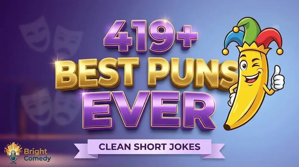 Thumbnail image with gold and purple 3D text reading "419+ Best Puns Ever" with a winking jester banana mascot.