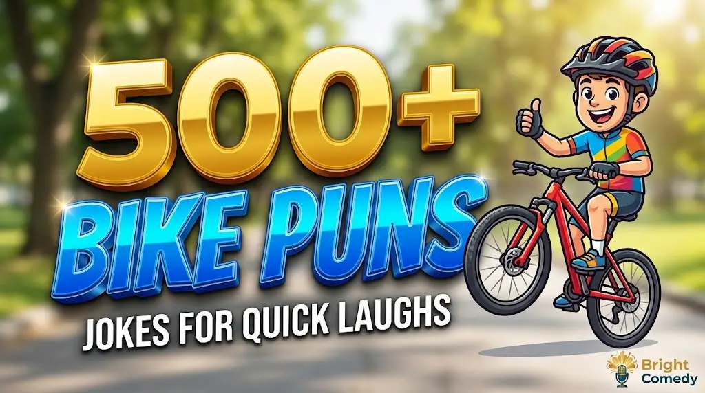 Featured thumbnail for '500+ Bike Puns' article showing large 3D text and a cartoon cyclist doing a wheelie.