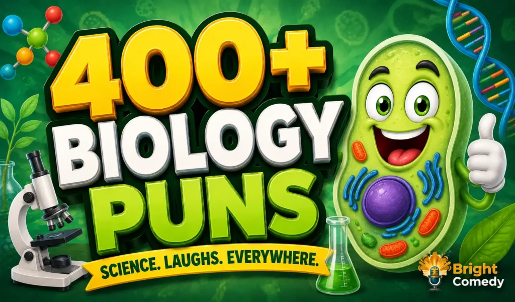 400+ biology puns with a cheerful cartoon cell mascot and bold science-themed typography