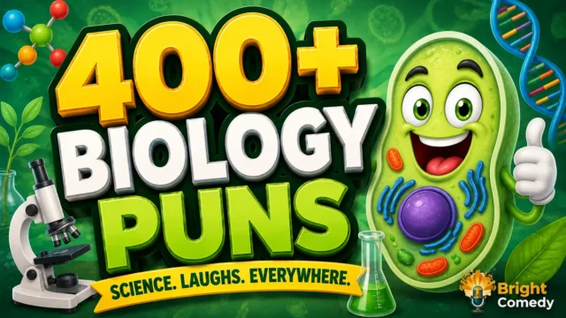 400+ biology puns with a cheerful cartoon cell mascot and bold science-themed typography