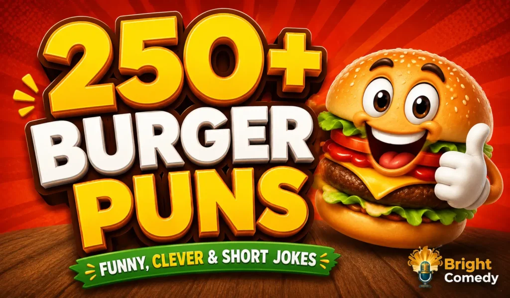 250+ burger puns with a cheerful cartoon burger mascot and bold 3D typography