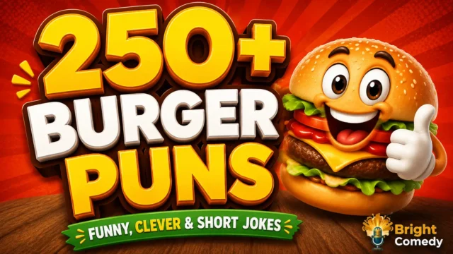 250+ burger puns with a cheerful cartoon burger mascot and bold 3D typography