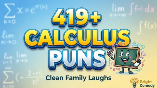 3D text showing 419+ Calculus Puns alongside a happy chalkboard character, highlighting clean family laughs.