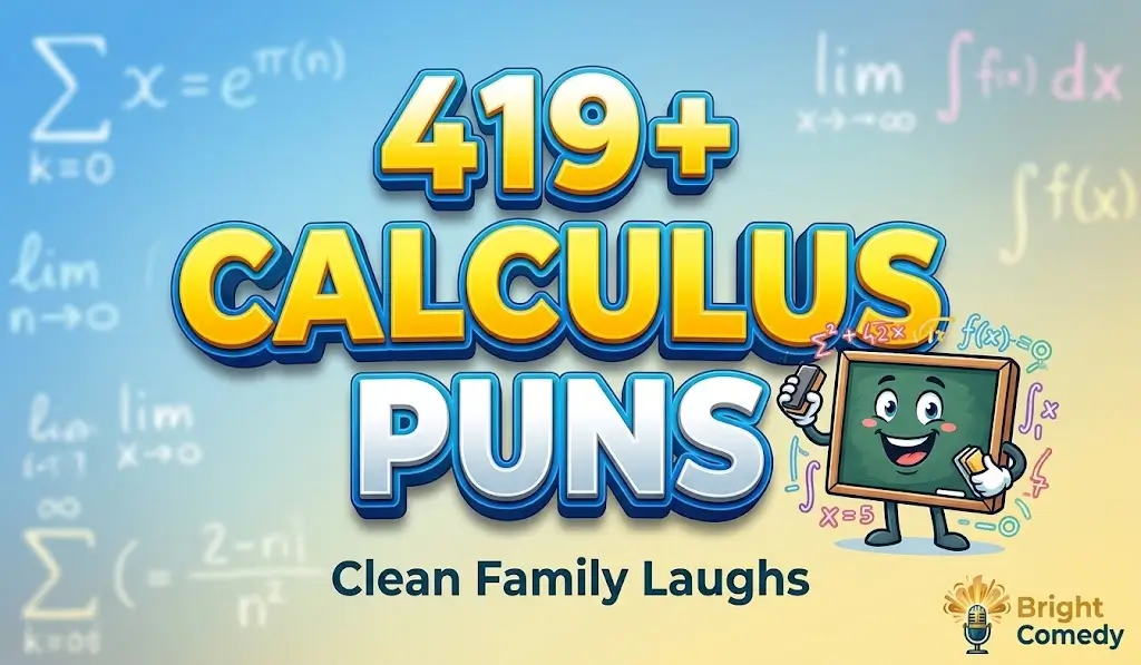 3D text showing 419+ Calculus Puns alongside a happy chalkboard character, highlighting clean family laughs.