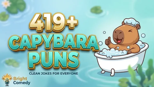 Bold 3D typography thumbnail for Capybara Puns article with cartoon capybara mascot winking.