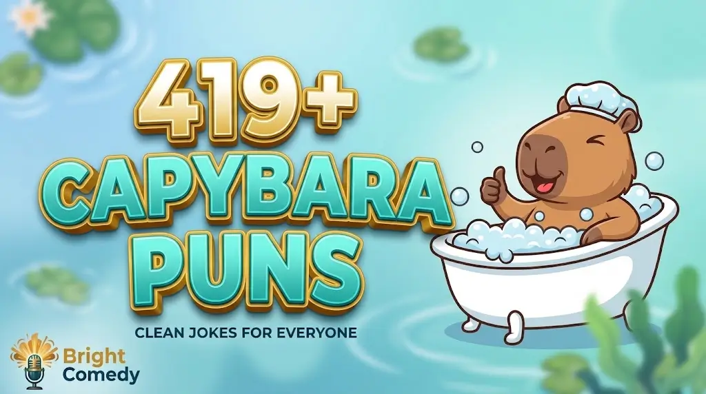 Bold 3D typography thumbnail for Capybara Puns article with cartoon capybara mascot winking.