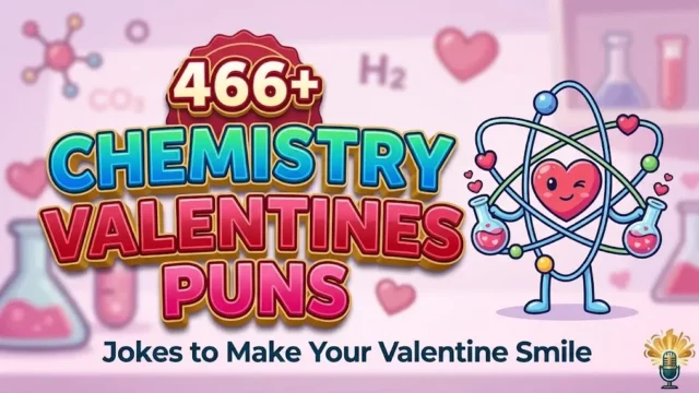 Gold 3D text '466+ Chemistry Valentines Puns' featuring a winking atom heart mascot.