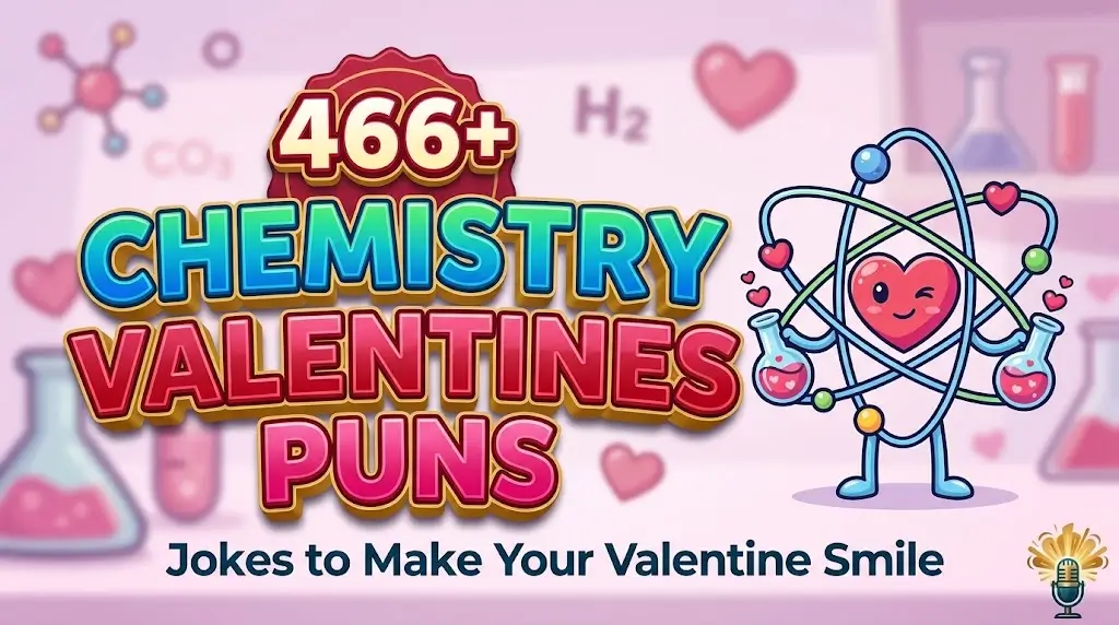 Gold 3D text '466+ Chemistry Valentines Puns' featuring a winking atom heart mascot.