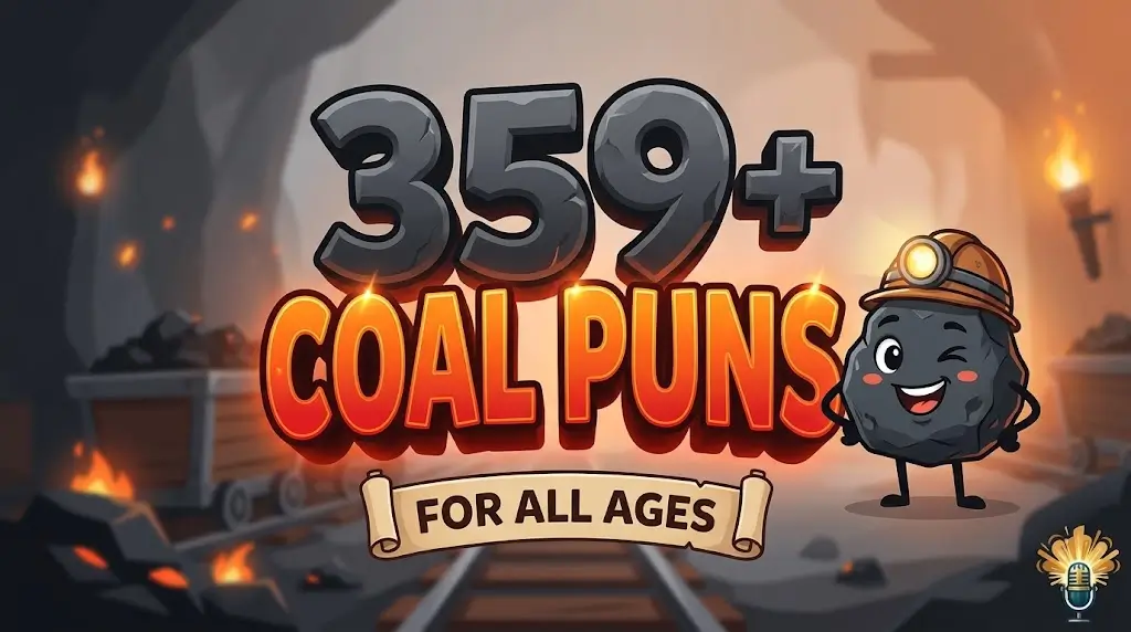 Vibrant featured thumbnail for '359+ Coal Puns' article with winking coal mascot for Bright Comedy.