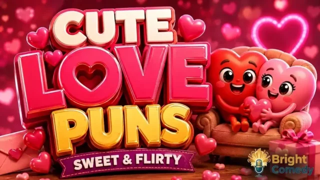 Vibrant 3D cartoon-style banner with the text 'CUTE LOVE PUNS' in pink and yellow 3D lettering and 'SWEET & FLIRTY' on a banner below. On the right, two cheerful animated heart characters (one red, one pink) are cuddling on an armchair. The bottom-right corner features the Bright Comedy logo watermark.