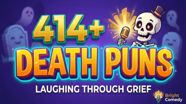 Large 3D text reading 414+ Death Puns with a funny skeleton character.
